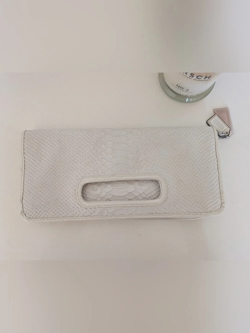 Coach Leather Lizard Embossed White Foldover Clutch
